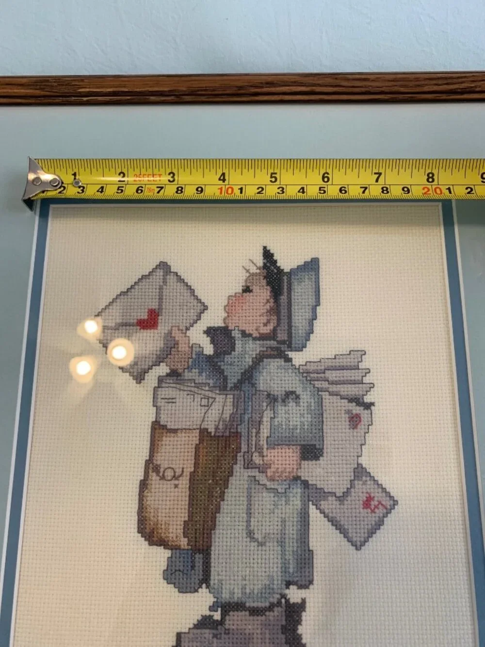 Framed Hummel-Inspired Cross-Stitch Art Of Mail Carrier With Letters 16